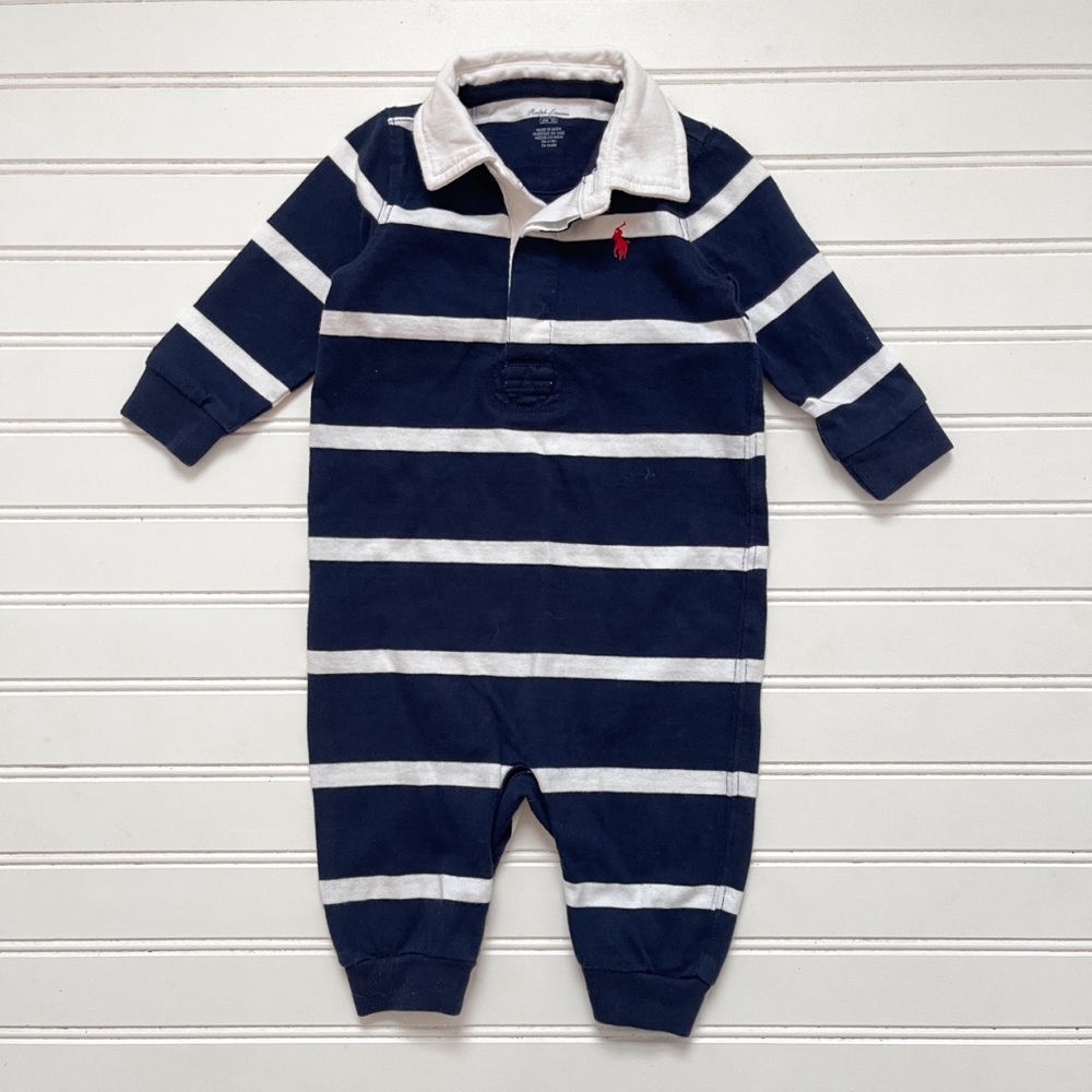 RALPH LAUREN EUC Boys Navy Striped Rugby Style Romper